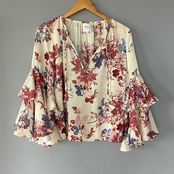 🛑SOLD MISA Los Angeles Leona Floral Ruffle Sleeve Boho Blouse Size XS - Picture 4 of 10